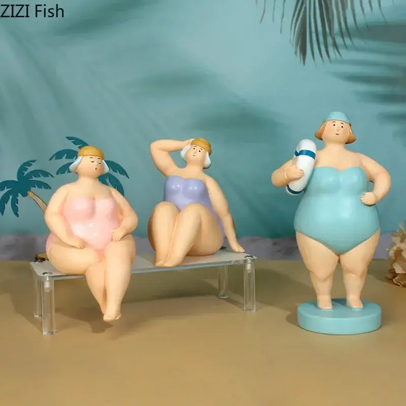 Three stylized resin swimsuit women figurines in lavender pink beachwear for living room decor with sunscreen and headphones