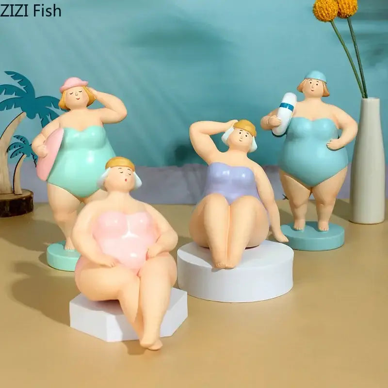 Pastel lavender and pink beach swimsuit women resin figurines of curvy women with accessories for living room decor