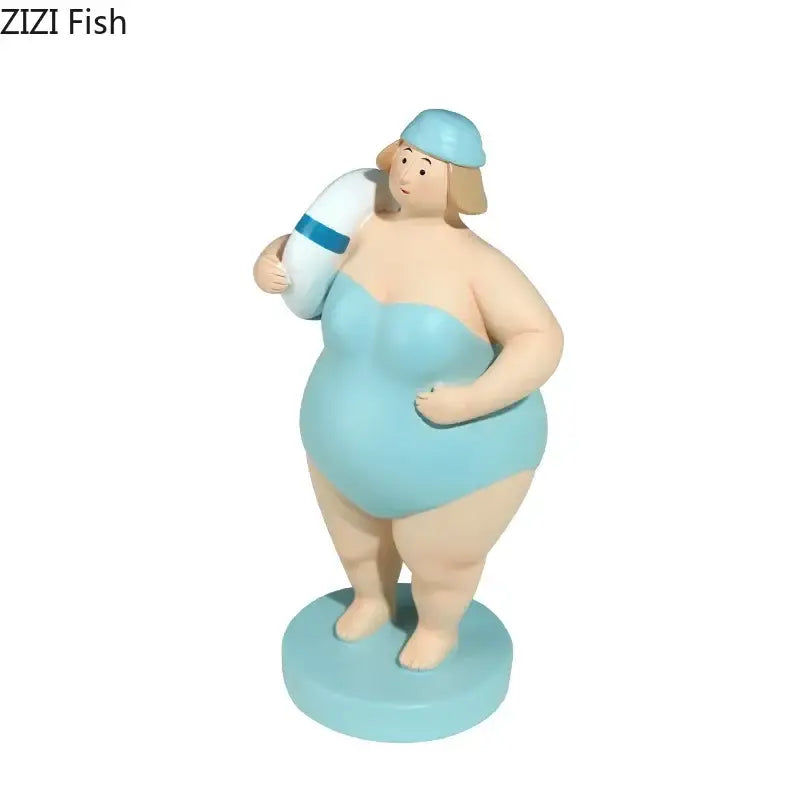 A light blue swimsuit women resin figurine holding a white life preserver for beach swimsuit women decor