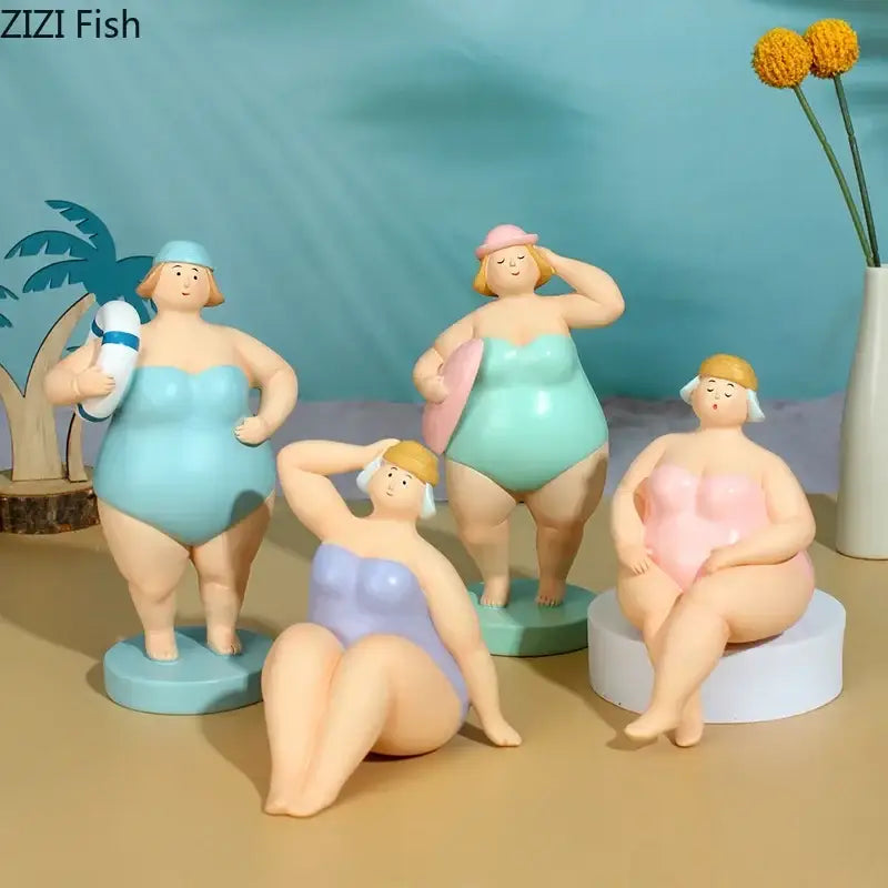 Pastel lavender and pink resin figurines of curvy beach swimsuit women with distinct poses and accessories for decor