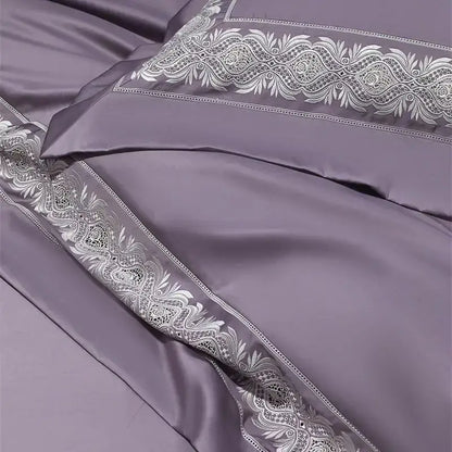 Lavender satin pillowcase with intricate silver lace embroidery edge from decorbites 1200tc egyptian bedding set