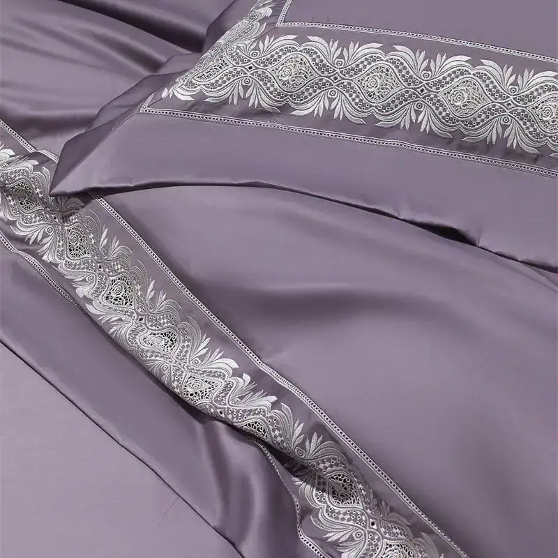 Lavender satin pillowcase with intricate silver lace embroidery edge from decorbites 1200tc egyptian bedding set