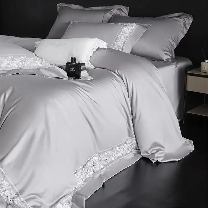Silver satin duvet cover with delicate white lace embroidery trim from lavender and silver lace embroidery bedding set decorbites 1200tc egyptian