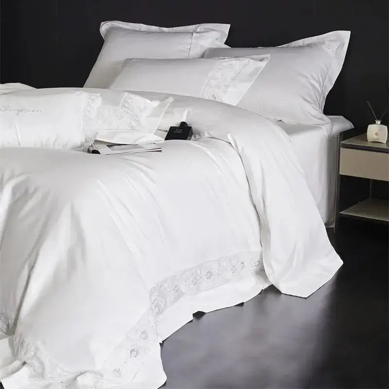 White satin duvet cover with delicate lace embroidery trim from lavender and silver lace embroidery bedding set decorbites 1200tc Egyptian