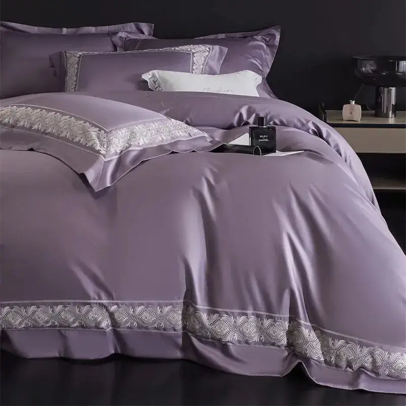 Lavender satin bedding set with silver lace embroidery trim from decorbites 1200tc egyptian luxe collection