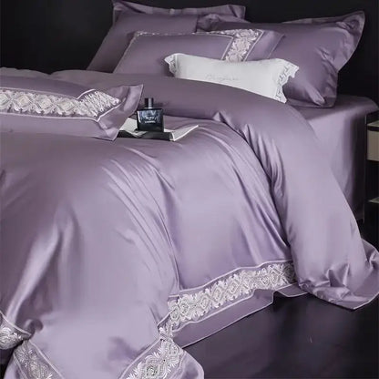 Lavender satin bedding set with intricate white lace embroidery trim from decorbites 1200tc egyptian luxe collection