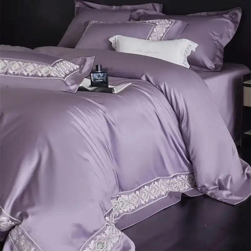Lavender satin bedding set with intricate white lace embroidery trim from decorbites 1200tc egyptian luxe collection