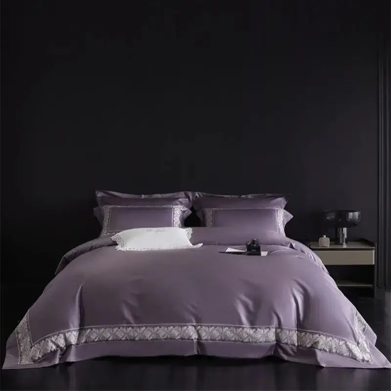 Lavender and silver lace embroidery bedding set luxe satin decorbites 1200tc egyptian with intricate trim