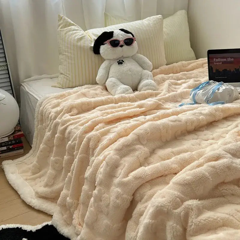 Cream-colored plush lavender and white cozy lamb wool flower throw blanket with textured dots and fluffy edges for decorbites cozy lamb
