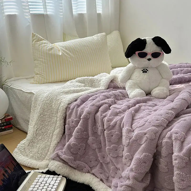 A plush white and black stuffed dog wearing pink sunglasses sits on a lavender cozy lamb wool flower throw blanket