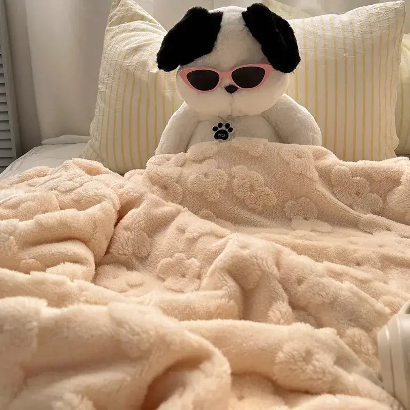 A cream-colored cozy lamb wool flower throw blanket with soft textured raised floral patterns for bedroom decorbites cozy lamb