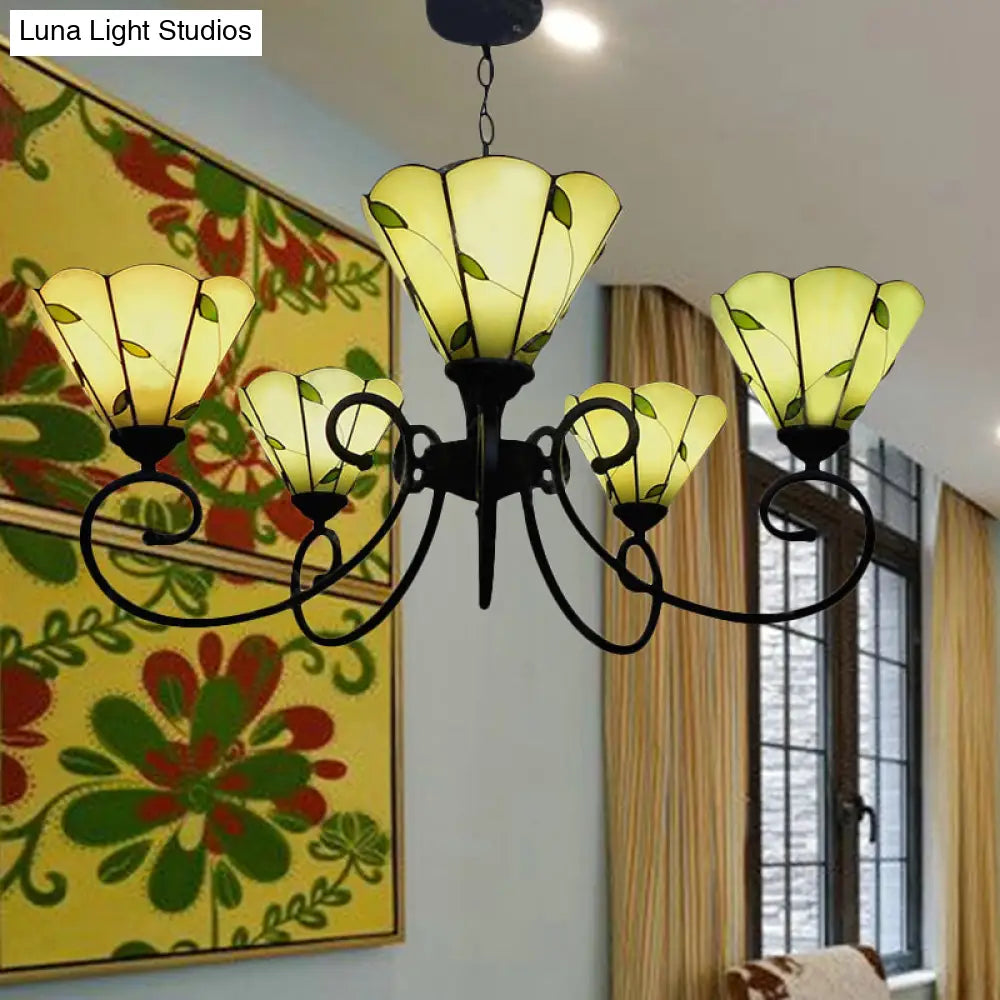 Leaf Chandelier Pendant Light with Stained Glass, 5 Lights, Loft Style in Beige