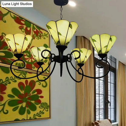 Leaf Chandelier Pendant Light with Stained Glass, 5 Lights, Loft Style in Beige