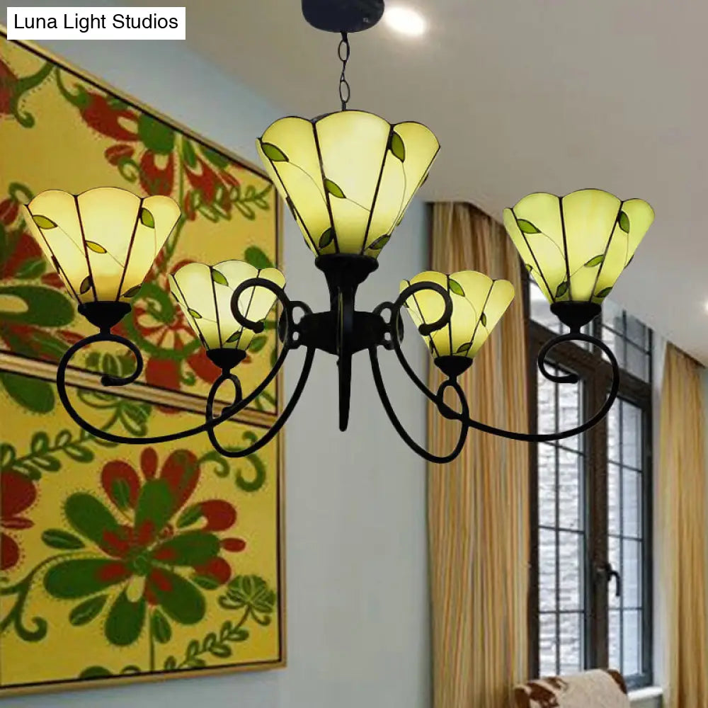 Leaf Chandelier Pendant Light with Stained Glass, 5 Lights, Loft Style in Beige
