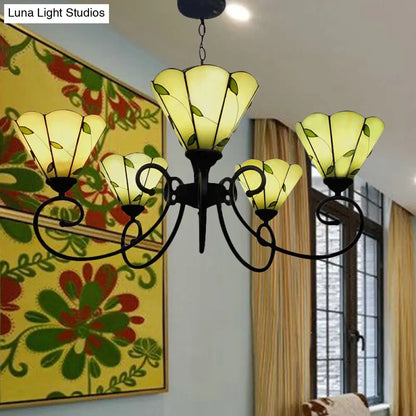 Leaf Chandelier Pendant Light with Stained Glass, 5 Lights, Loft Style in Beige