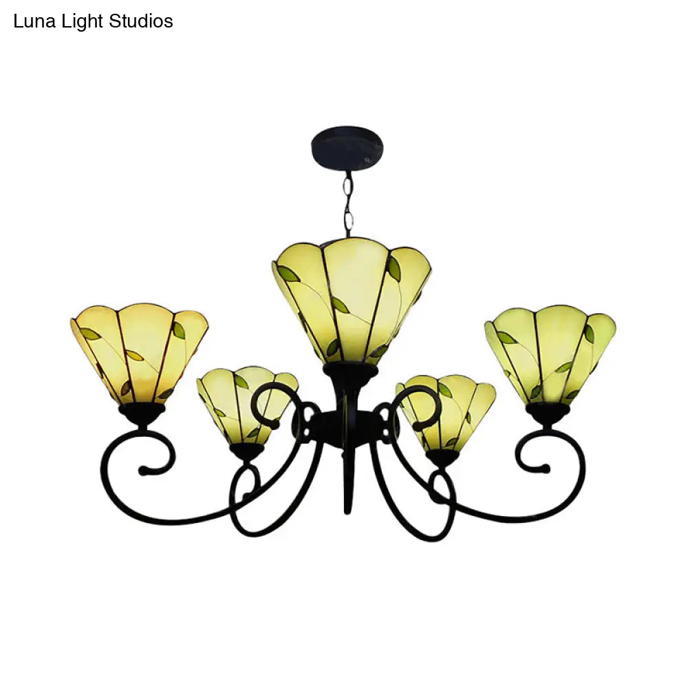 Leaf Chandelier Pendant Light with Stained Glass, 5 Lights, Loft Style in Beige