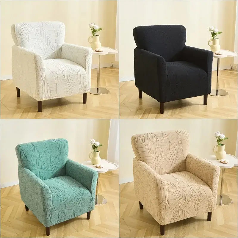 Leaf pattern jacquard elastic chair covers in white black teal and beige made of stretchy fabric for dining room chairs