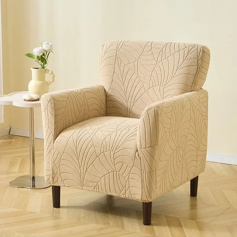 Beige leaf pattern jacquard elastic chair cover made of stretch fabric for dining room slipcover use