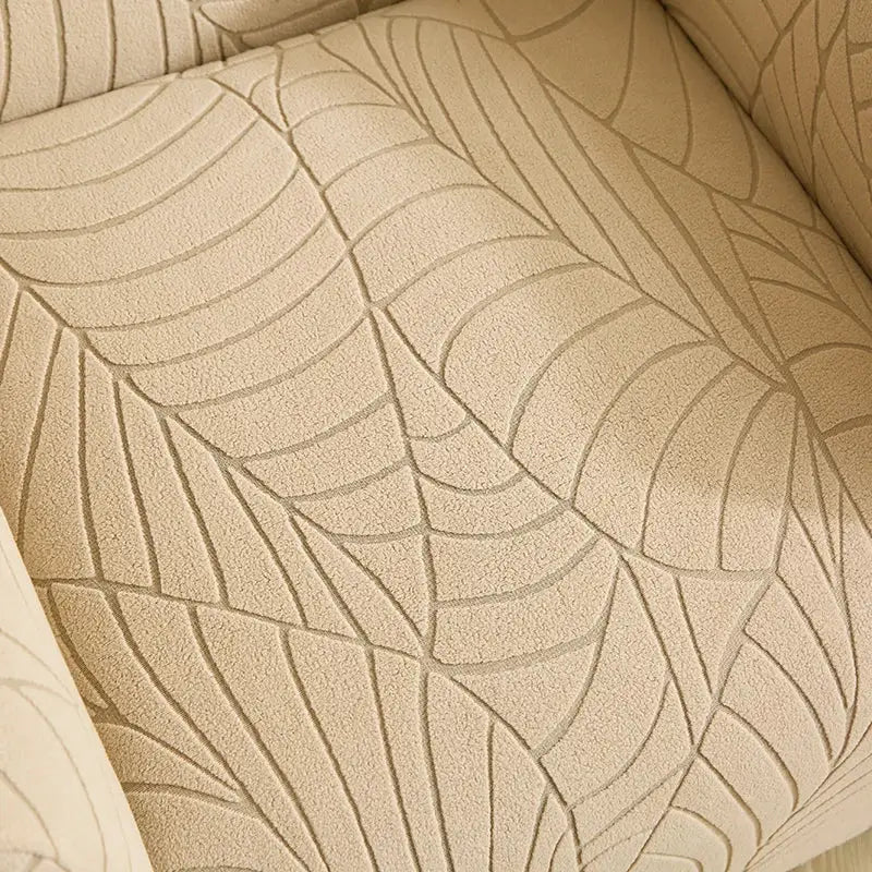 Beige textured jacquard fabric sofa cover with embossed leaf pattern elastic chair cover for dining room use