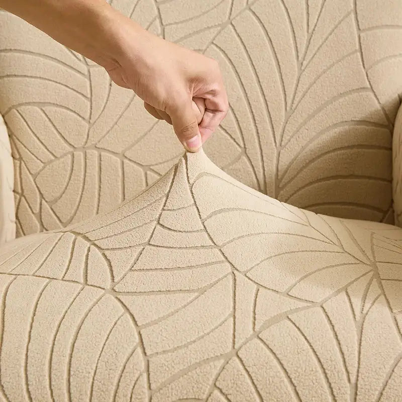 Beige jacquard elastic fabric chair cover with embossed leaf pattern for dining room slipcover use