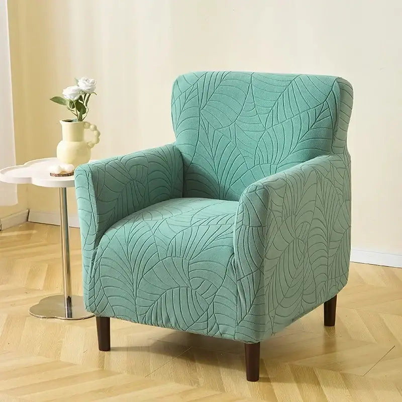 Teal leaf pattern jacquard elastic armchair cover for dining room with stretchy fabric and detailed foliage design