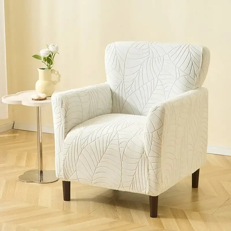 White leaf-patterned jacquard elastic armchair cover with soft stretchy fabric for dining room chairs