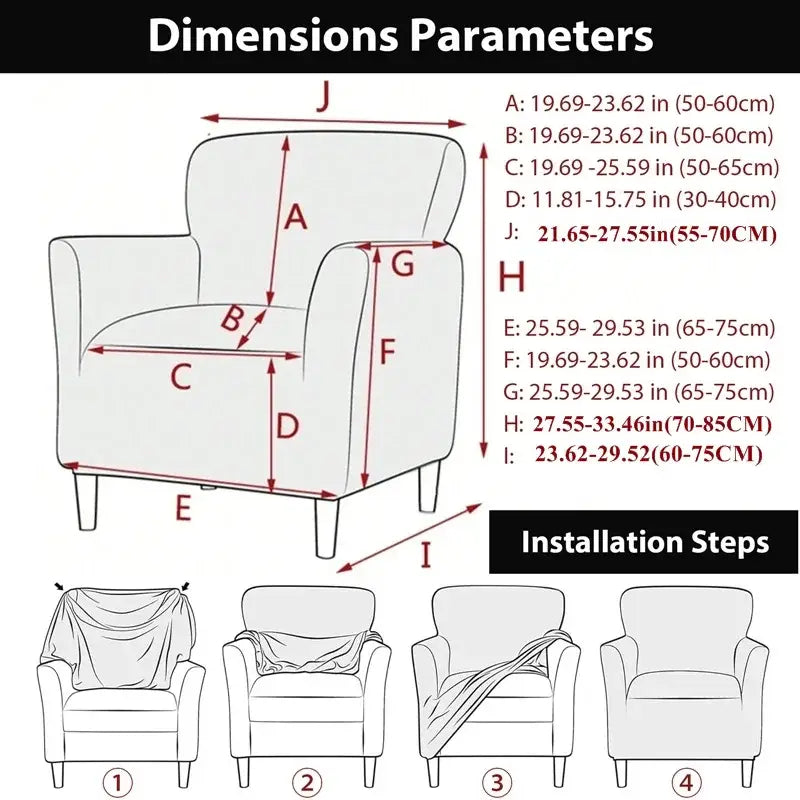White stretchy leaf pattern jacquard elastic fabric armchair cover with labeled dimensions and installation steps for dining room use