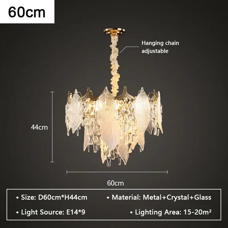 A 60cm tall leaf shaped gold and crystal glass chandelier pendant light with decorbites crystal glass accents