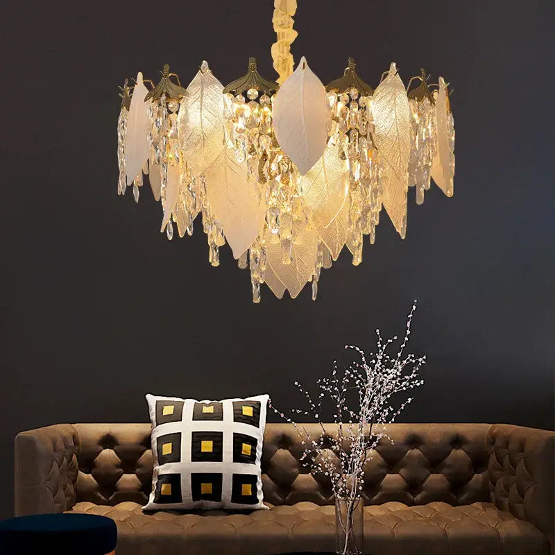 Elegant leaf shaped gold and crystal glass chandelier pendant light with translucent white and clear crystal leaves for dining room decorbites crystal glass