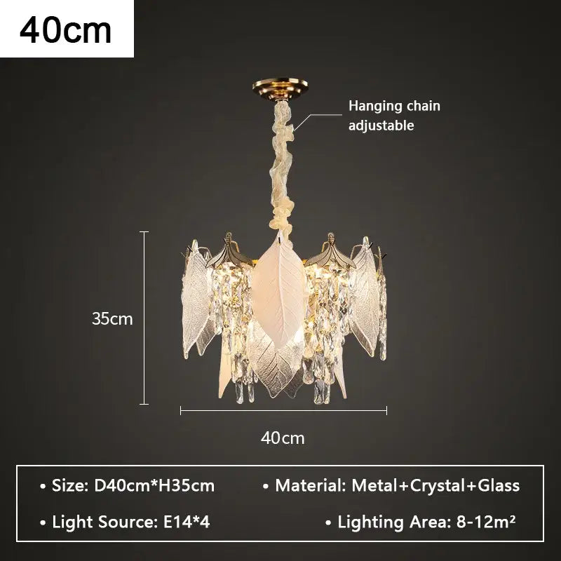 Leaf shaped gold and crystal glass chandelier pendant light with translucent shades and dangling crystal droplets