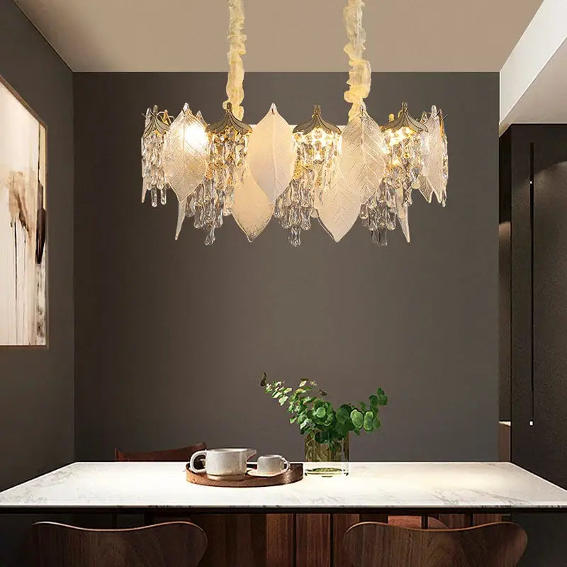 Elegant leaf shaped gold and crystal glass chandelier pendant light with translucent crystal glass decorbites accents