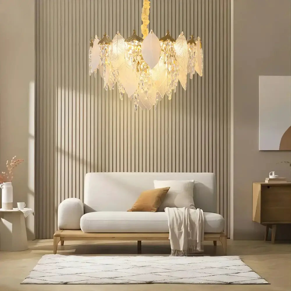 Leaf shaped gold and crystal glass chandelier pendant light with translucent crystal glass decorbites crystal glass accents