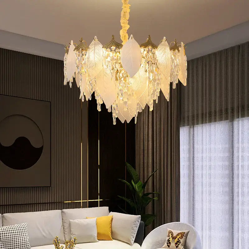 Leaf shaped gold and crystal glass chandelier pendant light with frosted glass and crystal accents for dining room decorbites