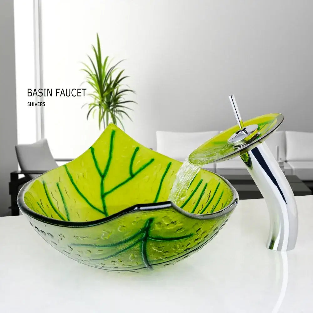 Vibrant lime green glass vessel sink set with leaf design and chrome waterfall faucet model shivers for bathroom use