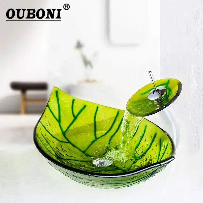 Ouboni green leaf shaped glass vessel sink set with matching waterfall faucet for bathroom use