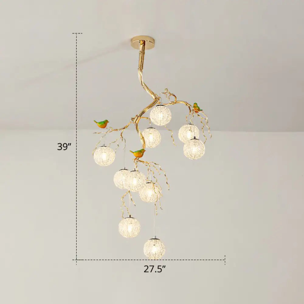 LED Ball Tree Chandelier: Artistic Gold Hanging Lamp with Bird Decor, Aluminum Wire