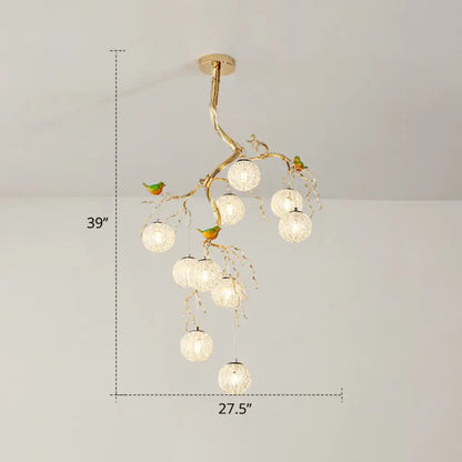 LED Ball Tree Chandelier: Artistic Gold Hanging Lamp with Bird Decor, Aluminum Wire
