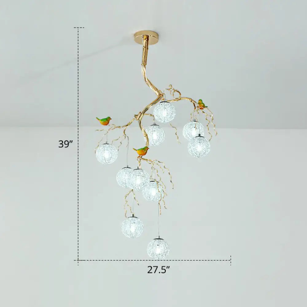 LED Ball Tree Chandelier: Artistic Gold Hanging Lamp with Bird Decor, Aluminum Wire