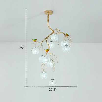 LED Ball Tree Chandelier: Artistic Gold Hanging Lamp with Bird Decor, Aluminum Wire