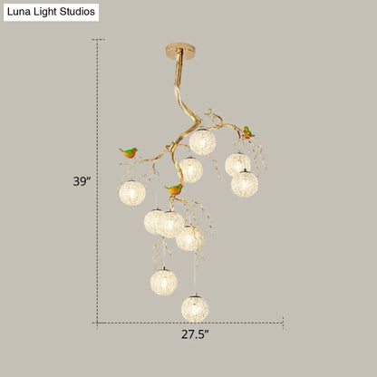 LED Ball Tree Chandelier: Artistic Gold Hanging Lamp with Bird Decor, Aluminum Wire
