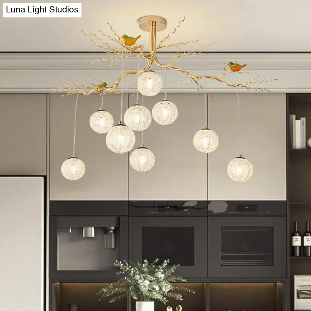 LED Ball Tree Chandelier: Artistic Gold Hanging Lamp with Bird Decor, Aluminum Wire