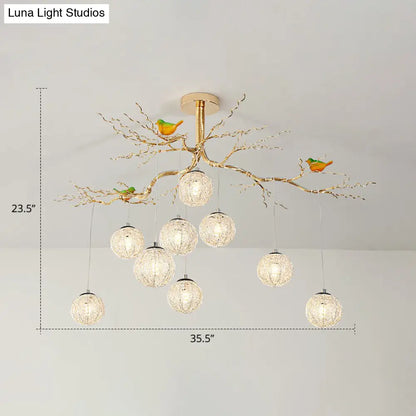 LED Ball Tree Chandelier: Artistic Gold Hanging Lamp with Bird Decor, Aluminum Wire