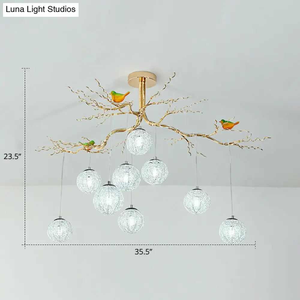 LED Ball Tree Chandelier: Artistic Gold Hanging Lamp with Bird Decor, Aluminum Wire
