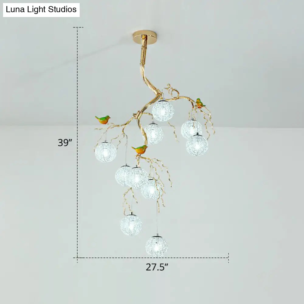 LED Ball Tree Chandelier: Artistic Gold Hanging Lamp with Bird Decor, Aluminum Wire
