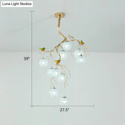 LED Ball Tree Chandelier: Artistic Gold Hanging Lamp with Bird Decor, Aluminum Wire