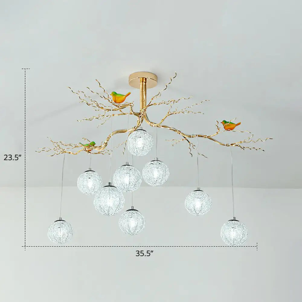LED Ball Tree Chandelier: Artistic Gold Hanging Lamp with Bird Decor, Aluminum Wire