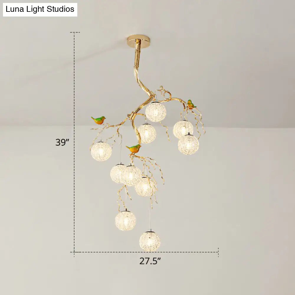 LED Ball Tree Chandelier: Artistic Gold Hanging Lamp with Bird Decor, Aluminum Wire