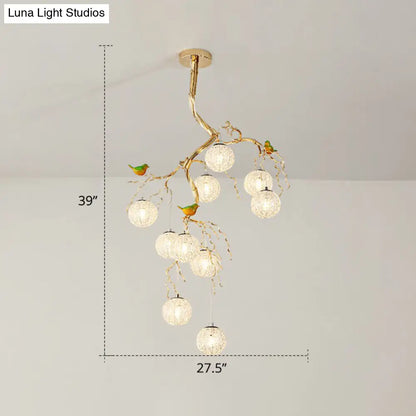 LED Ball Tree Chandelier: Artistic Gold Hanging Lamp with Bird Decor, Aluminum Wire