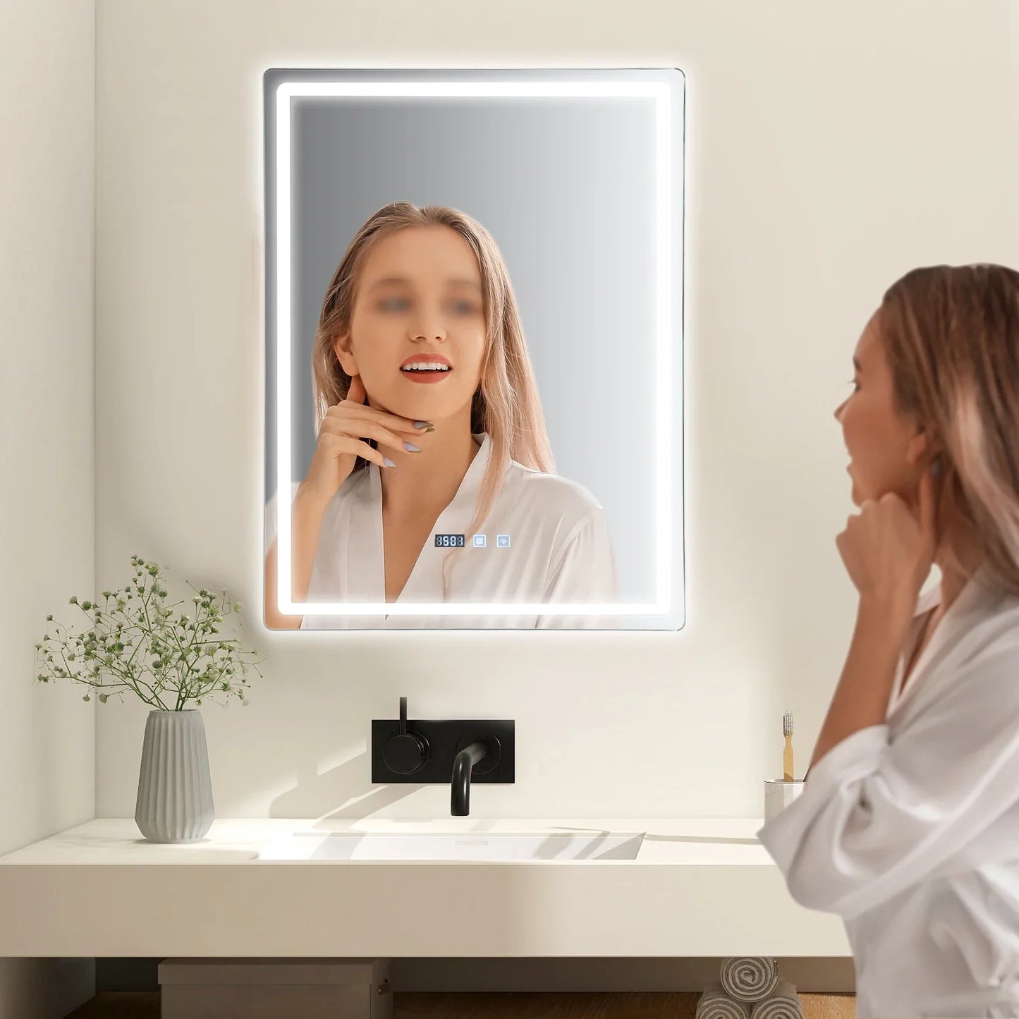 LED Bathroom Mirror: Adjustable Brightness Anti-Fog Time Display - United States