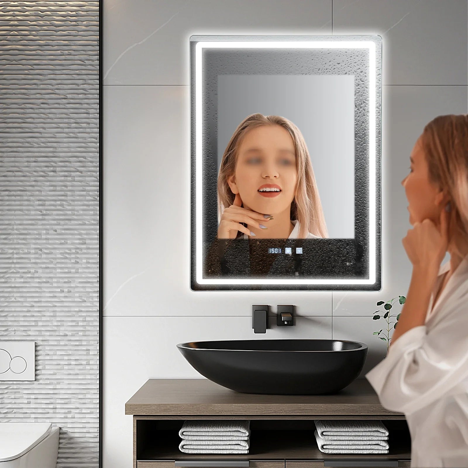 LED Bathroom Mirror: Adjustable Brightness Anti-Fog Time Display - United States